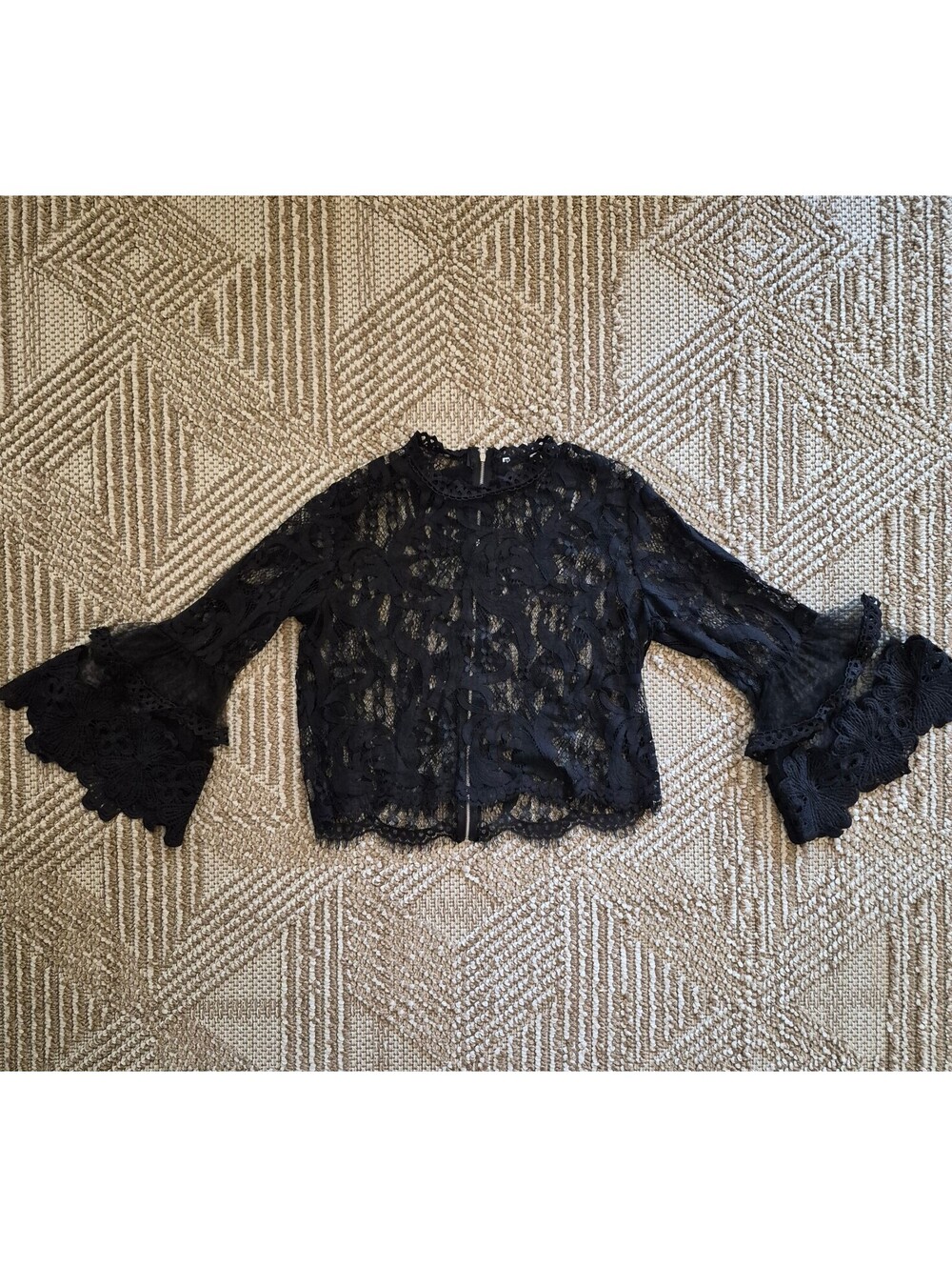 Witchy Goth Sheer Black Lace Crop Top Tiered Bell Sleeve Full Zip Blouse M L
